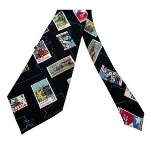 VTG Nicole Miller Silk Necktie Mens Black Novelty State Stamps USA 57"x 4" NWT